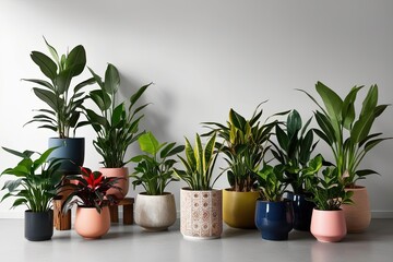 Obraz premium Vibrant Houseplants in Decorative Pots on Minimalist Background for Home Decor