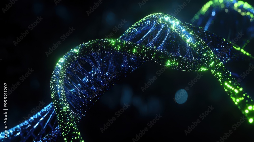 Poster abstract 3d render of a glowing dna double helix in blue and green with bokeh background.