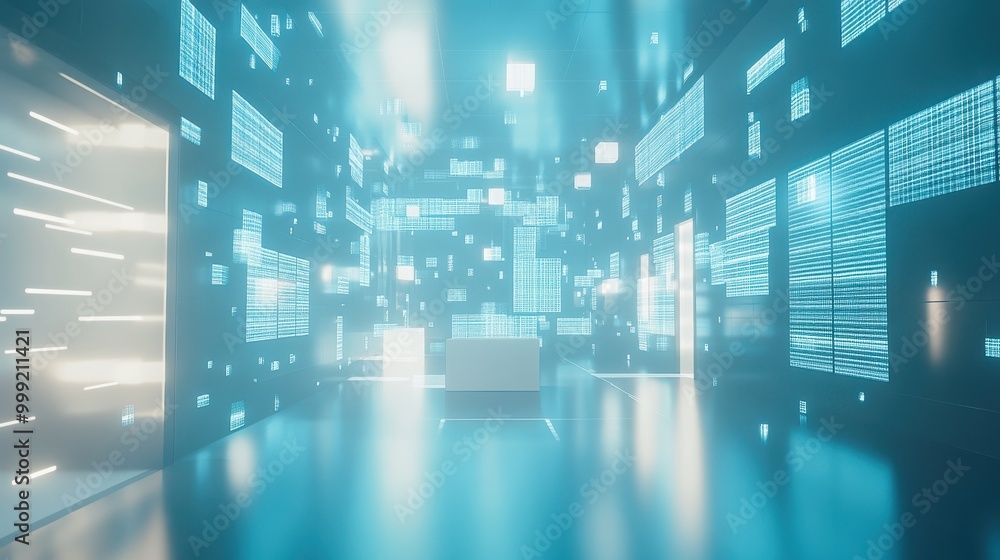 Poster futuristic blue room with glowing data patterns and white cubes 3d rendering.
