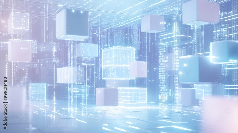 Poster abstract digital cityscape with holographic cubes and data streams - futuristic technology backgroun
