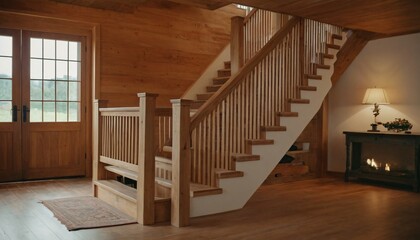 Modern entryway with wooden staircase two wicker ottomans and a potted plant 3