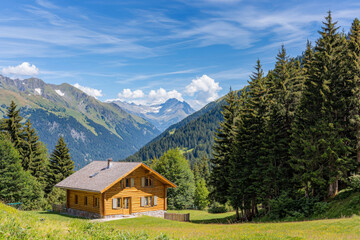Obraz premium A picturesque wooden cabin nestled in a lush green valley, surrounded by majestic mountains and a clear blue sky.