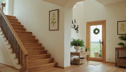 Modern entryway with wooden staircase two wicker ottomans and a potted plant 2