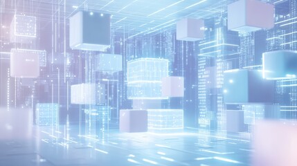 Obraz premium Abstract Digital Cityscape with Holographic Cubes and Data Streams - Futuristic Technology Background.