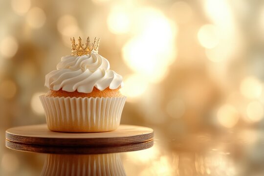Elegant cupcake with golden crown on wooden stand