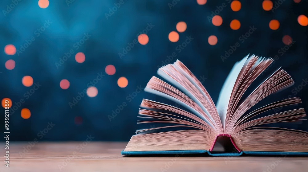 Poster open book on wooden table with bokeh lights background reading literature knowledge e
