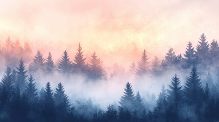 Obraz premium Misty Forest Silhouette with Pink and Orange Sunset Sky - Nature Background