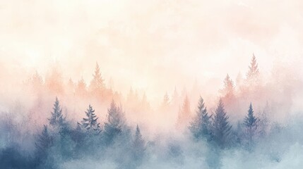 Obraz premium Watercolor Painting of a Misty Forest at Sunrise - Abstract Nature Background.