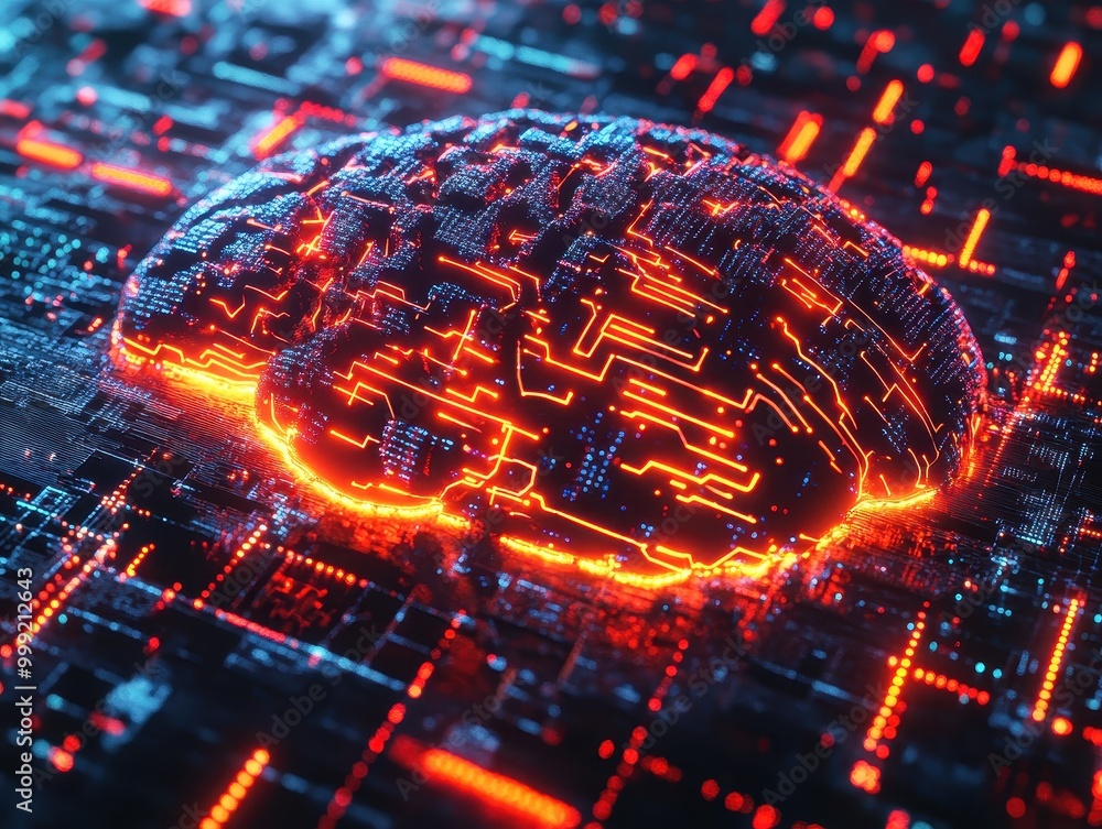 Poster 3d render of a glowing brain made of circuitry representing artificial intelligence.