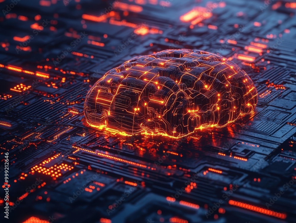 Poster 3d render of a glowing human brain on a circuit board - artificial intelligence concept.