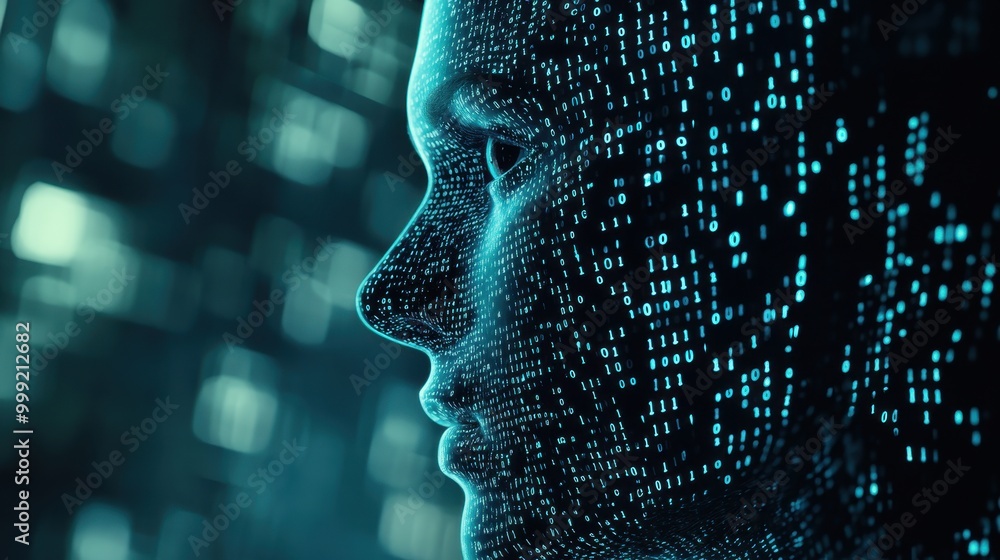 Poster abstract human face made of binary code, futuristic technology and artificial intelligence concept.