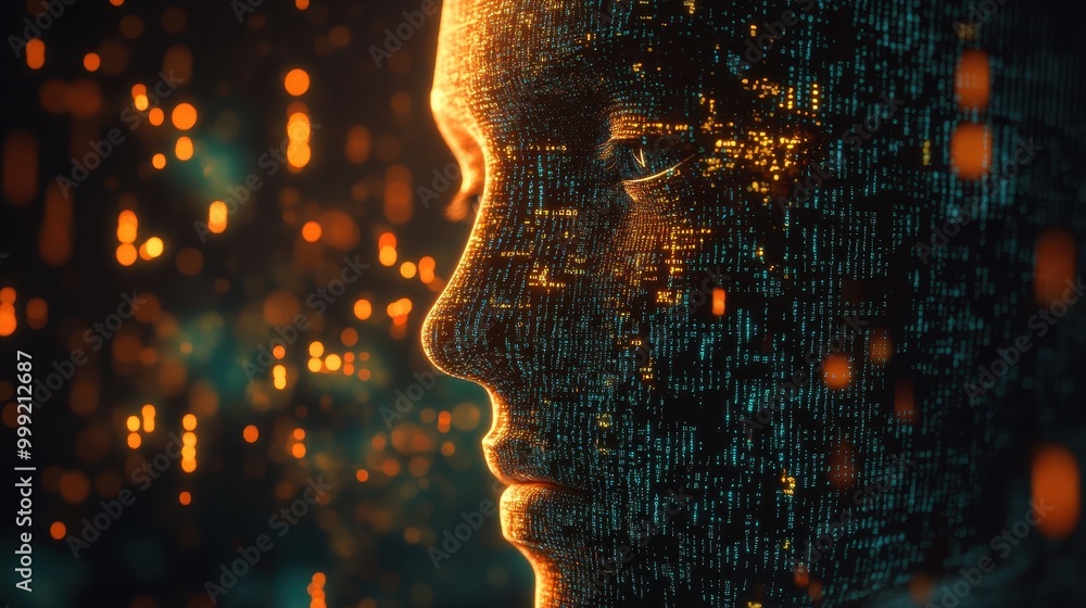 Poster abstract digital human face with glowing code and bokeh lights - artificial intelligence concept.