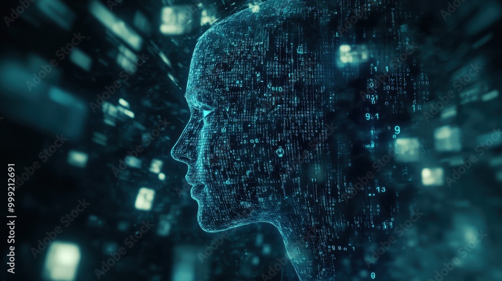 Aufkleber abstract digital human face constructed of binary code and digital data.