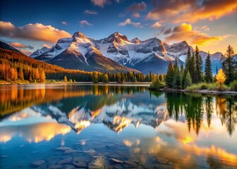 Rising Sun Illuminates Snow-capped Peaks Above Tranquil Lake