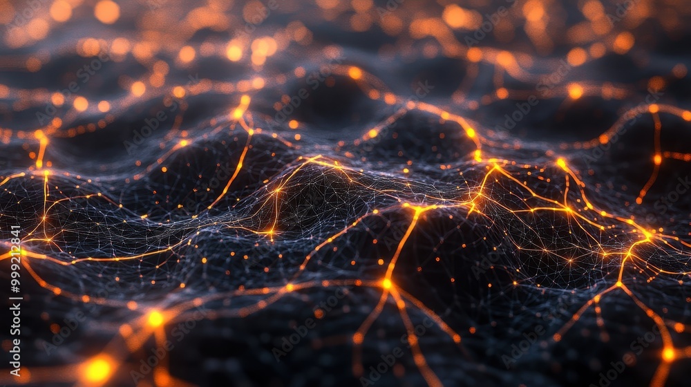 Poster abstract network with glowing orange lines and bokeh lights - digital technology background.