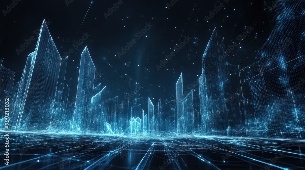Poster futuristic cityscape with digital grid and lines - abstract background of technology and innovation.