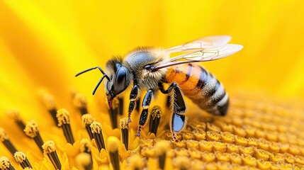 Fototapeta premium Honeybee Pollinating Sunflower Close Up Macro Photography