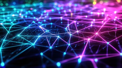 Abstract Futuristic Neon Lights Network Connecting Dots on Black Background.