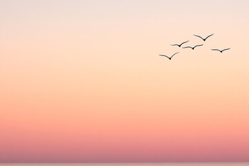 Fototapeta premium A flock of birds flying over a pink sky