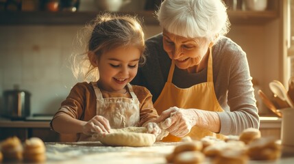 A woman and a little girl are making a dough together. The woman is smiling and the girl is happy.