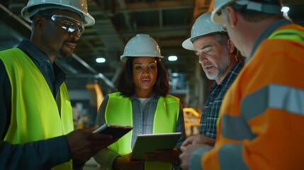 Obraz premium A group of construction workers are standing around a table, looking at a tablet. They are wearing safety gear and seem to be discussing something important.
