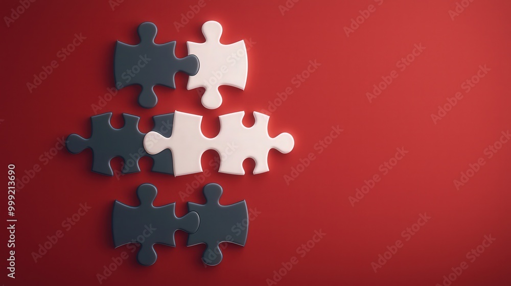 Poster interlocking puzzle pieces on red background collaboration teamwork unity