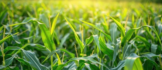 Obraz premium Green Corn Field Close Up Corn Field In The Countryside The Larvae Are Not Harvested Many Yong Maize Grown For Harvest To Sell To Food Factory