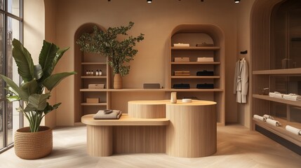  A high-end fashion boutique offering luxurious, The store has a lot of shelves and a lot of clothes.