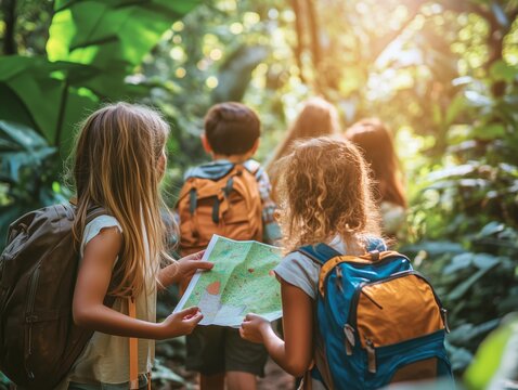 A group of children are hiking through a forest and one of them is holding a map.