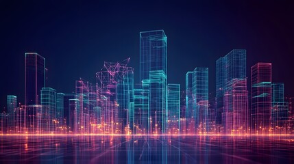 Fototapeta premium Abstract wireframe city background. Perspective 3D render of building wireframe. Vector. 