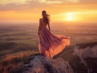 A woman in a long dress stands on a mountain top, with the sun setting behind her. Concept of freedom and beauty, as the woman is dancing in the wind