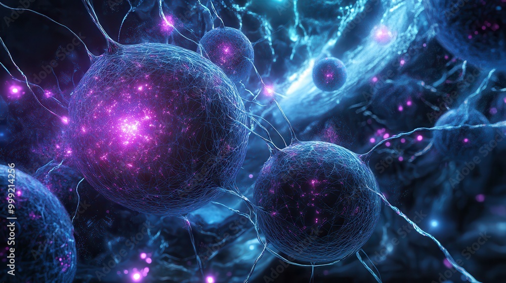Poster abstract 3d render of glowing nerve cells with a network of interconnected connections.