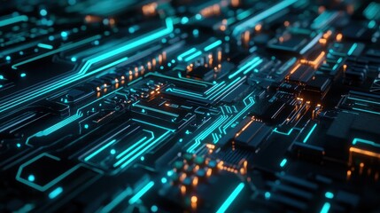 Obraz premium Abstract Futuristic Circuit Board with Glowing Blue Lines and Orange Highlights.