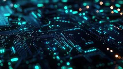 Obraz premium Abstract Technology Background with Glowing Circuit Board and Bokeh Lights.