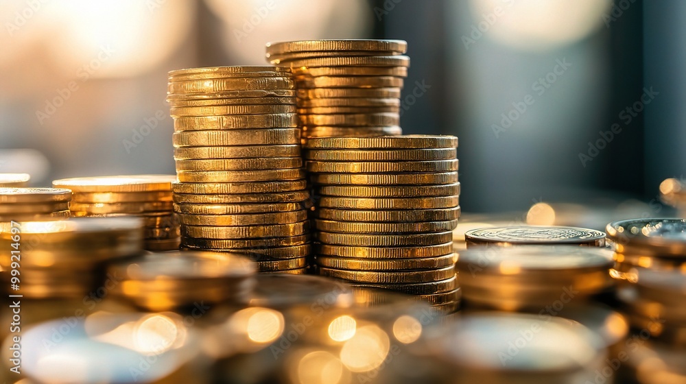 Poster stacked coins with bokeh background