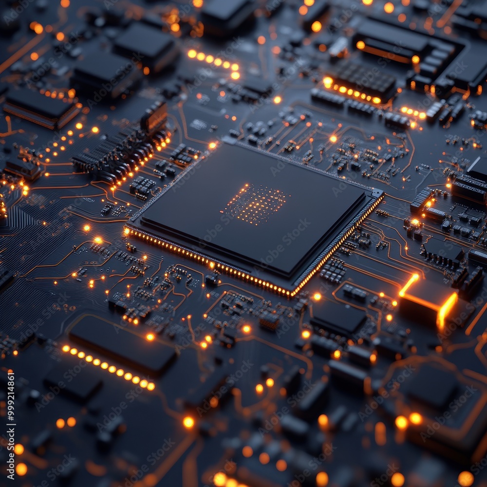 Poster close-up of a computer motherboard with glowing circuitry and a central processor unit (cpu)