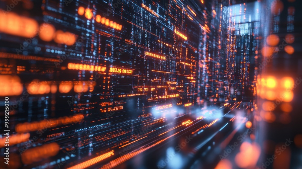 Aufkleber abstract digital data flow with orange and blue glow - futuristic technology background.