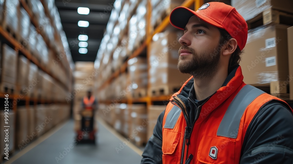 Poster a dedicated worker transporting boxes through a bustling logistics center on a busy day with efficie