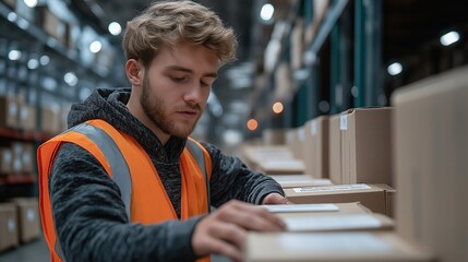 Fototapeta premium A diligent worker in a high-visibility vest organizes packages in a modern storage facility during daylight hours