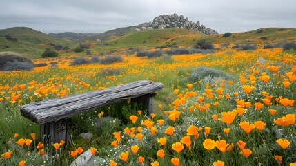 Naklejka premium Wooden bench amidst a vibrant meadow of sunflowers swaying beneath a cerulean sky