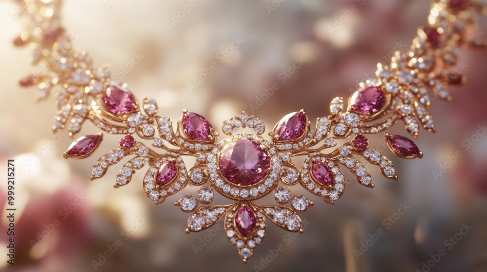 Poster a realistic 3d rendering of a stylish necklace, showcasing its intricate design and sparkling gems. 