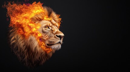 Fototapeta premium Fiery Lion Head Closeup Majestic Wild Animal in Flames on Black Background