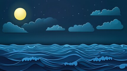 Paper Cut Night Ocean Scene With Full Moon And Stars, Blue Waves, Clouds - Background Design Illustration.