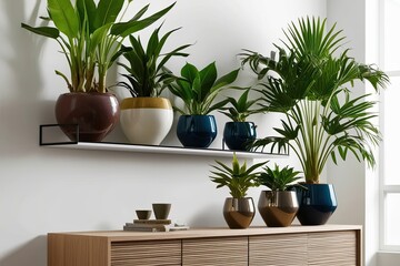 Fototapeta premium Vibrant Exotic Plants in Stylish Pots on Modern Shelving with Clean Backdrop
