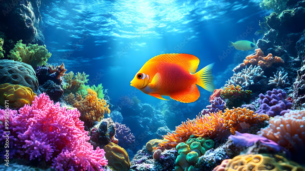 Sticker Colorful Fish Swimming in a Coral Reef