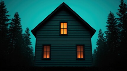 Mysterious Cabin in the Woods with Moonlight and Windows Glowing