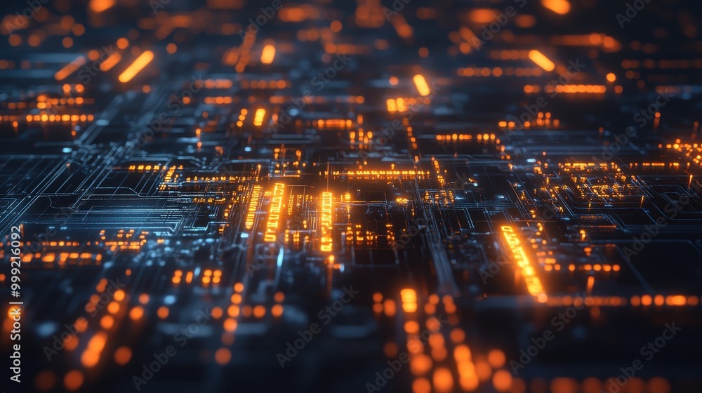 Poster abstract circuit board with orange glowing lines and points - futuristic technology background