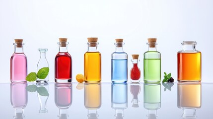 Colorful Bottles of Liquid on a Reflective Surface
