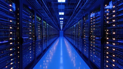 Obraz premium Futuristic data center with rows of server racks