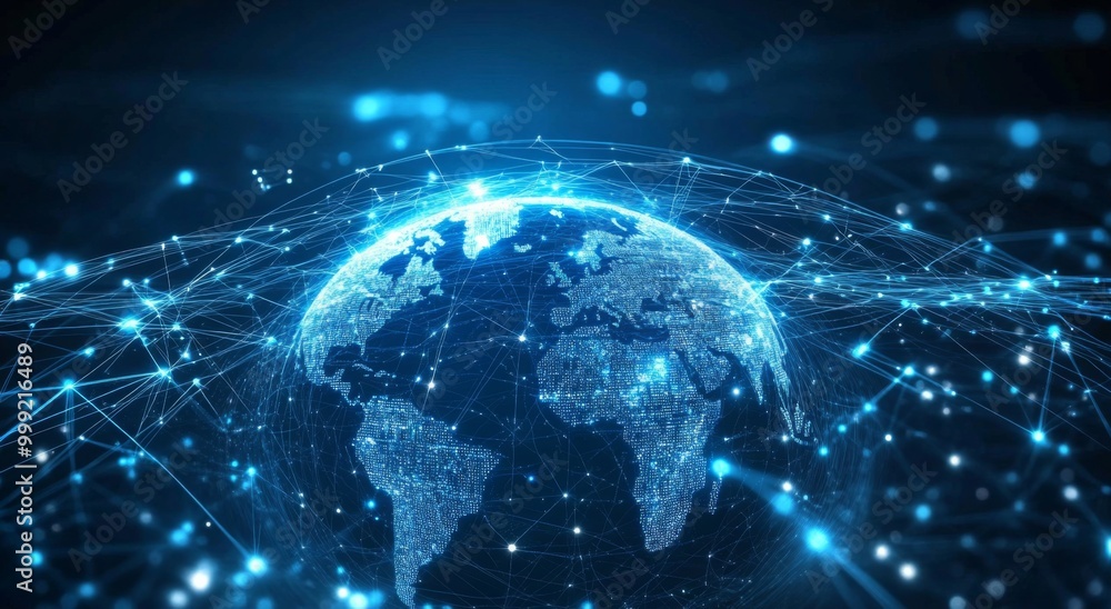 Poster blue digital globe with global network of white lines and dots connecting nodes across the earth, re